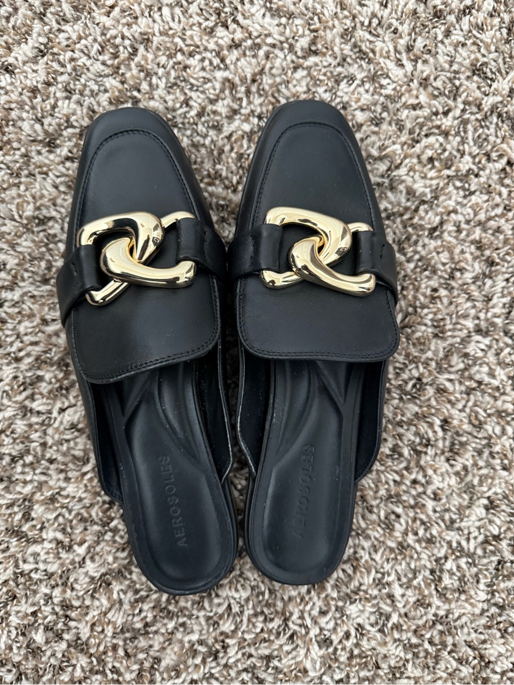 AEROSOLES Black Slip-On Mules with Gold Chain Detail